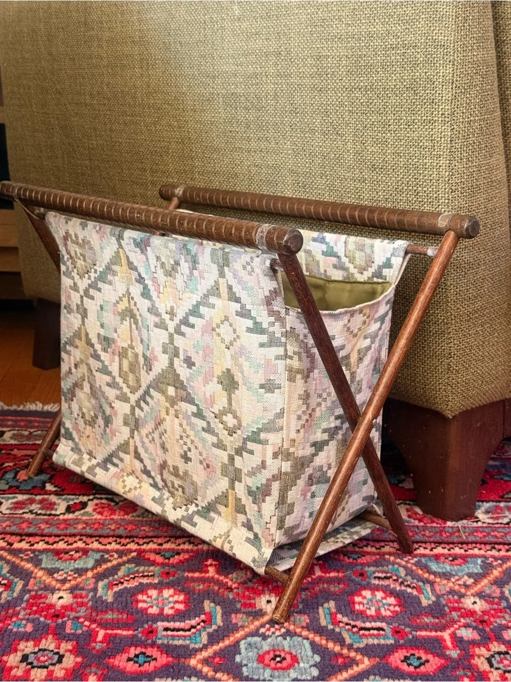 Vintage Tapestry Magazine Rack/Yarn Bag in Muted Pastel Geometric Kilim